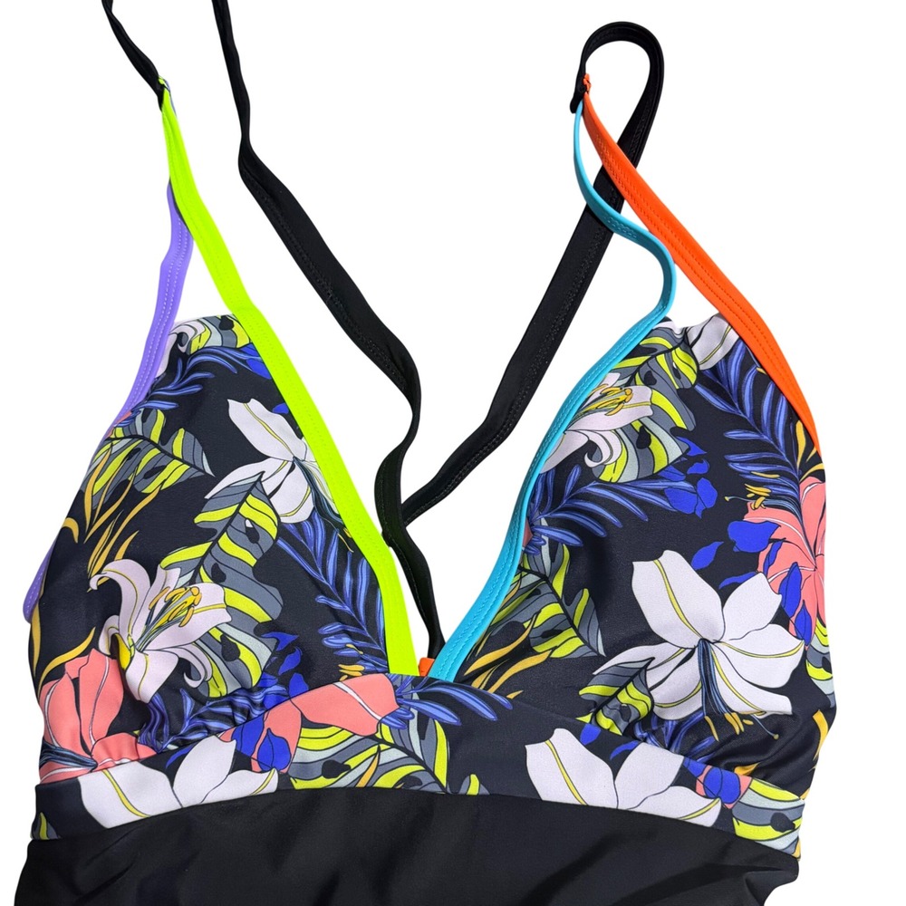 NWT Popvil One Piece Tummy Control Swimsuit Neon Color Block V Neck Large - Picture 6 of 7